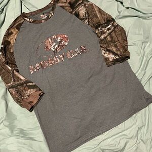 Mossy Oak women's Gray Tee with Camo Raglan Sleeves